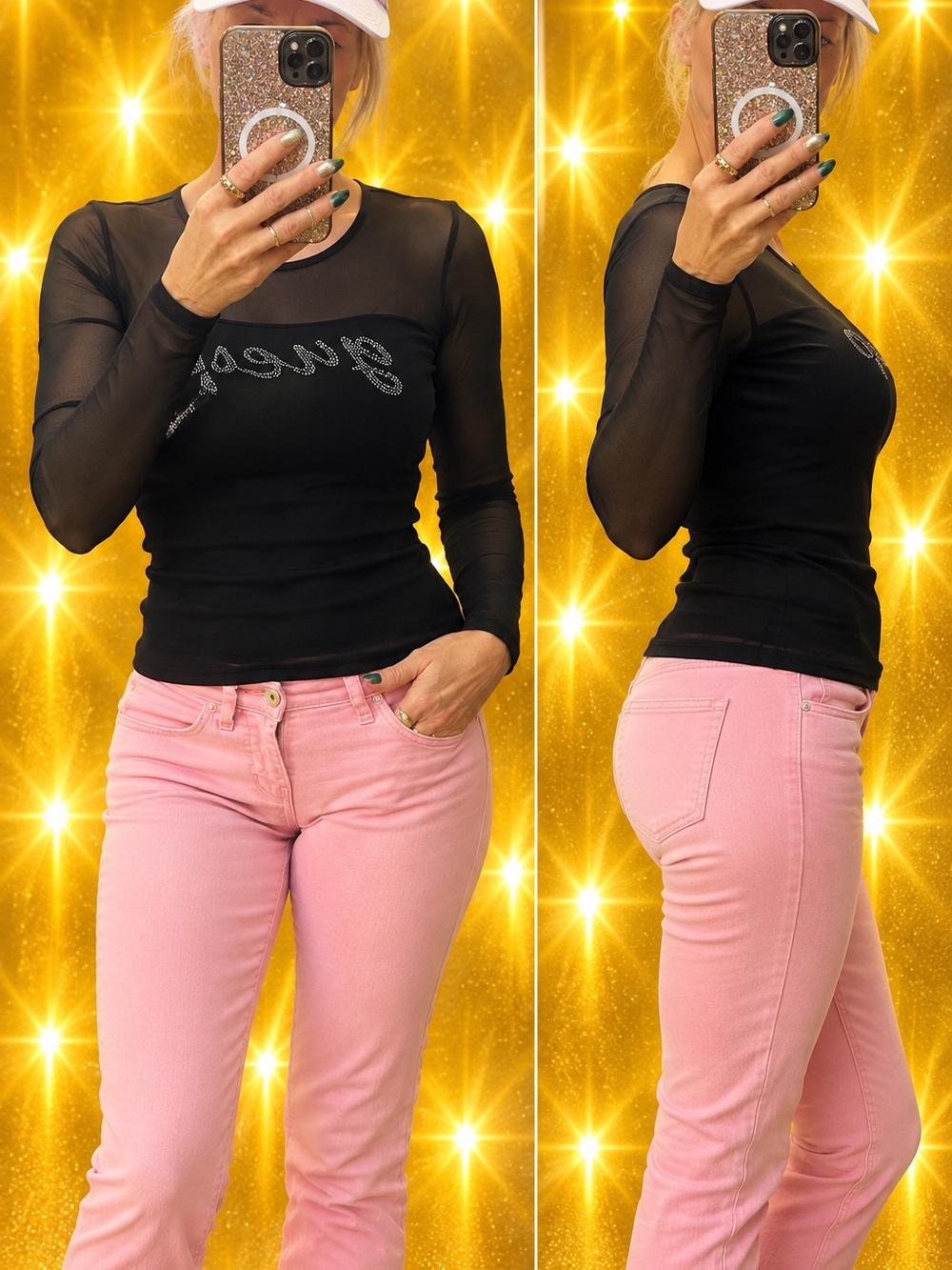 Guess Black Mesh Long Sleeve Top with Rhinestone Logo